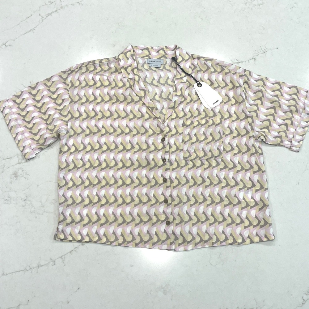 Prana NEW Boxy Top Womens M Retro Geo Pink Tan Eco Tencel Gorpcore Coastal Beach